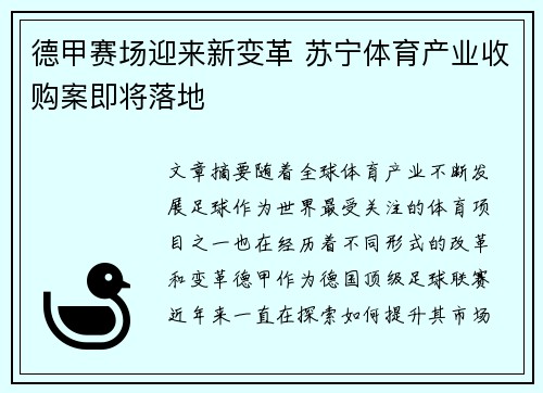 德甲赛场迎来新变革 苏宁体育产业收购案即将落地