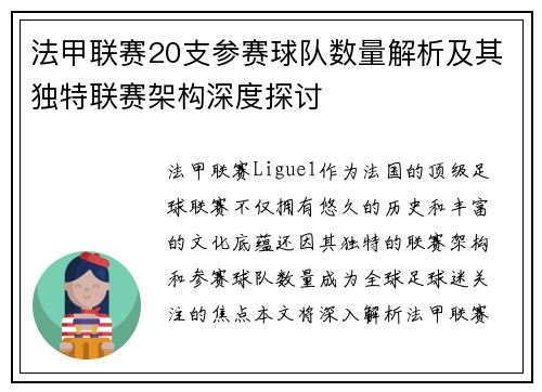 法甲联赛20支参赛球队数量解析及其独特联赛架构深度探讨